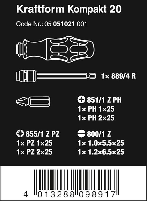 Wera Compact Tool Set "Kraftform 20" with Pouch, SL/PH/PZ, 7 Pieces, Silver