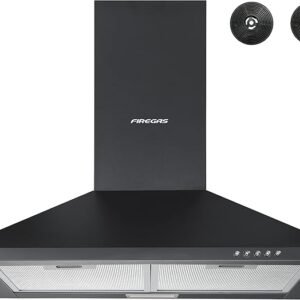 FIREGAS Black Chimney Cooker Hood 60cm with Carbon Filters Stainless Steel Wall Mounted Extractor Hood Recirculating & Ducting Extractor Fan Black Cooker Hood