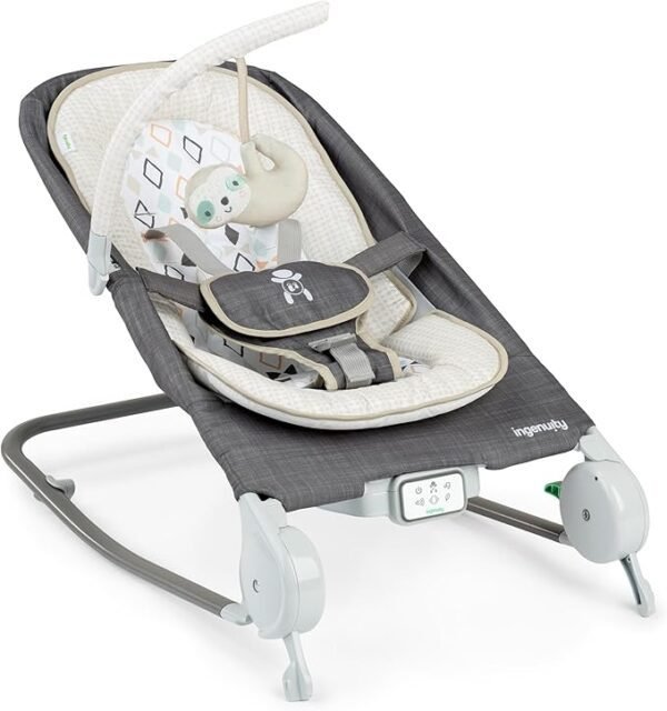 Ingenuity Happy Belly Rock-to-Bounce Seat, Music, Vibration, Detachable Toy Bar, Plush Sloth Toy, for Ages 0-6 Months, Grey - Parker