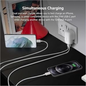 Belkin 37W USB Type C PPS PD Dual Port Wall Phone Charger, Power Delivery 25W USB C Port and 12W USB A Port for Fast Charging Samsung Galaxy S23, Ultra, Plus, Note 20, iPhone 14 Series and More