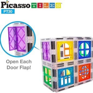 PicassoTiles 30 Piece Window and Door Clip On Magnetic Blocks Magnet Tiles Magnets Building Tile Construction Toy Set STEM Education Toys Learning Kit Stacking Block Playset Boys & Girls Age 3+ PT30