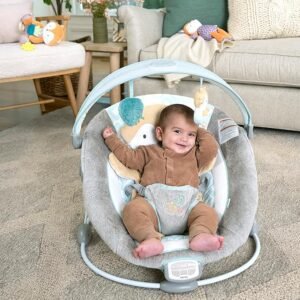 Ingenuity InLighten Baby Bouncer Seat with Light Up-Toy Bar and Bunny Tummy Time Pillow Mat - Kitt, Newborn and up