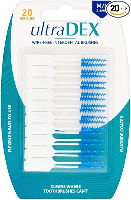 UltraDEX Wire Free Interdental Brush, Wire Free Flexible Floss Aid, Fluoride Coated, Medium/Large 20 Pack White