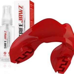 SAFEJAWZ Sports Braces Mouthguard/Gum Shield and Cleaner Spray Bundle for Contact Sports Rugby Boxing Martial Arts (Red)