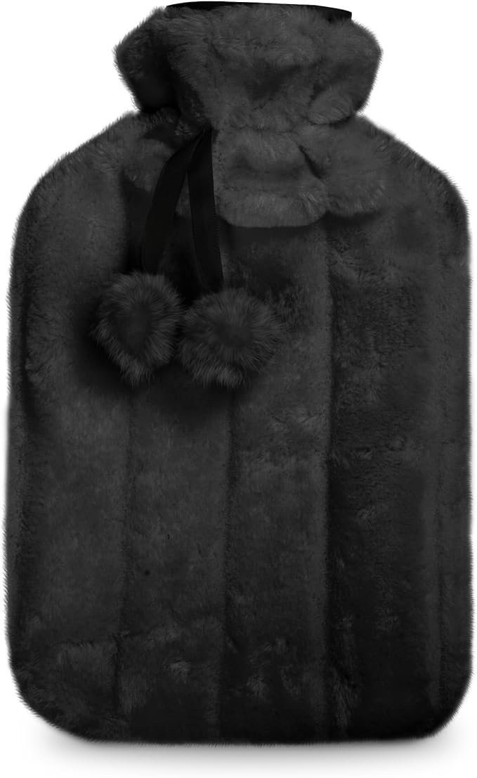 KEPLIN Cosy Hot Water Bottle with Plush Cover & Bobble - Relieves Body Aches & Pains, Washable Safe & Durable Heating Pad - Ideal Cosy Nights & Gifts - Large 2L (Black)
