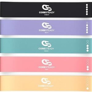 Coresteady Resistance Bands Set of 5 - Mini Fitness & Loop Exercise Band for Men & Women - Yoga, Body & Gym Sport Resistance Loop Bands for Strength, Muscle & Tone - With E-Guide & Travel Bag