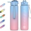 HOMEEX Motivational Fitness Sport Water Bottles with Straw & Time Maker, BPA-free Plastic Drink Bottle 1l Design for Girls, Boy Running,cycling (Blue & Pink, 1000ML-32OZ)