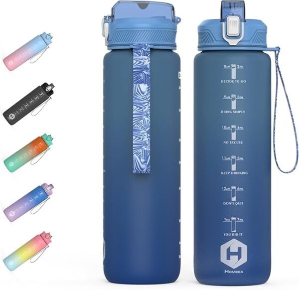 HOMEEX 1L (32oz) Motivational Water Bottle, BPA-free Sports Water Bottle with Time Marker - Quotes - One-Click Technology Ideal for Jogging, Hiking, Office, School, Adults, Children (Blue)