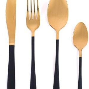 Salter BW07218 NoirGold 16-Piece Cutlery Set - Stainless Steel Flatware, Dinnerware For 4 Place Settings, Gold Mirror Polish Finish