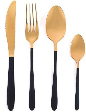 Salter BW07218 NoirGold 16-Piece Cutlery Set - Stainless Steel Flatware, Dinnerware For 4 Place Settings, Gold Mirror Polish Finish