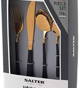 Salter BW07218 NoirGold 16-Piece Cutlery Set - Stainless Steel Flatware, Dinnerware For 4 Place Settings, Gold Mirror Polish Finish