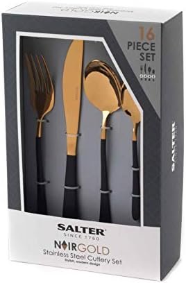 Salter BW07218 NoirGold 16-Piece Cutlery Set - Stainless Steel Flatware, Dinnerware For 4 Place Settings, Gold Mirror Polish Finish