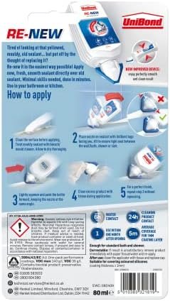UniBond Re-New, White Silicone Sealant for Kitchen & Bath, One-Step Bathroom Sealant Renewal, Waterproof Shower Sealant with Triple Mould Resistance, 1 x 80ml