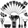 38 Pieces Kitchen Utensils Set, BEWOS Silicone Cooking Utensils Set with Spatula, Utensil Holder and Measuring Spoons, Nonstick Heat Resistant, Black Kitchen Gadgets, Stainless Steel Handle