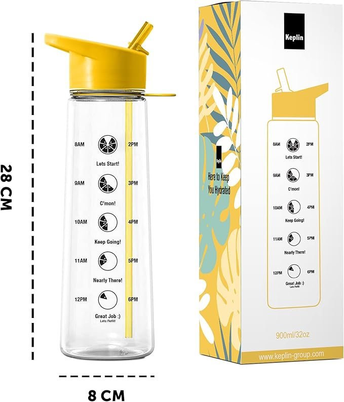 KEPLIN Premium 900ml Water bottle with Straw | BPA-Free, Daily Water Intake Bottle with Time Markings | Leakproof Sports Water Bottle, Ideal for Gym, Office, Cycling & Running (Yellow)