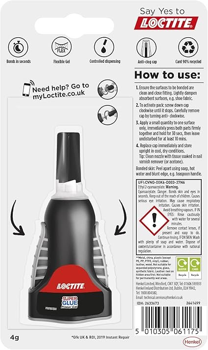 Loctite Super Glue Power Gel, Flexible Super Glue Gel, Superglue with Non-Drip Formula for Vertical Applications, Clear Glue with Precise Nozzle, 2x4g